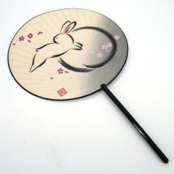 Abanico uchiwa japonés no plegable de papel y bambú con estampado de flores de Conejo y Sakura, USAGI SAKURA, 38,8 x 24,3 cm