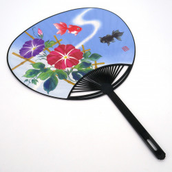 Abanico japonés no plegable uchiwa en papel y plástico estampado Morning Glory, ASAGAO, 34,5x24,3 cm