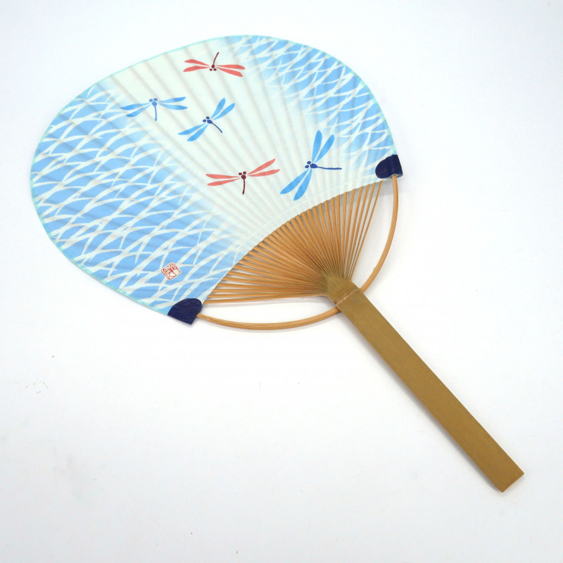 Japanese non-folding uchiwa fan in paper and bamboo with red and blue ...