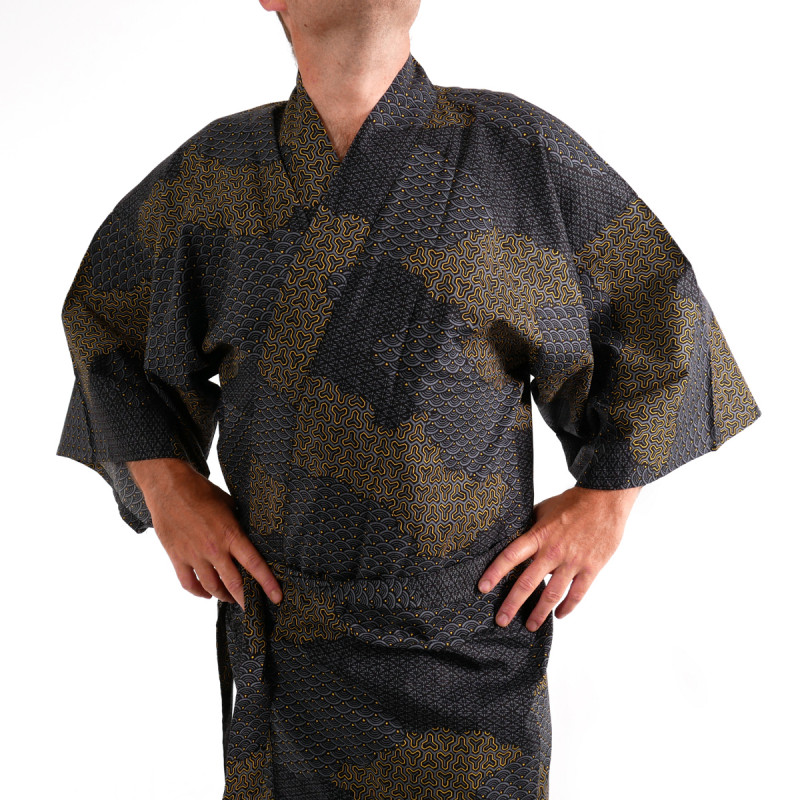 Japanese traditional black cotton happi coat kimono cloud pattern for men