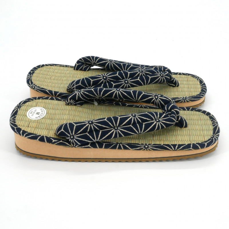 pair of Japanese sandals - Zori straw goza for men, ASANOHA 027, blue