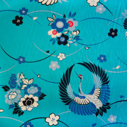 Tessuto di cotone giapponese blu turchese, motivo gru, KUREN, made in Japan larghezza 112 cm x 1m