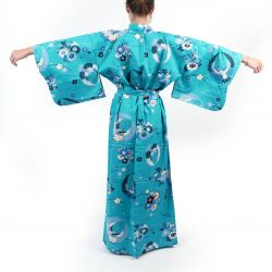 Blue cotton kimono for women - MARU NI TSURU