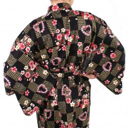 kimono japonais noir en coton pour femme KOMONICHIMATSU-NI-SAKURA