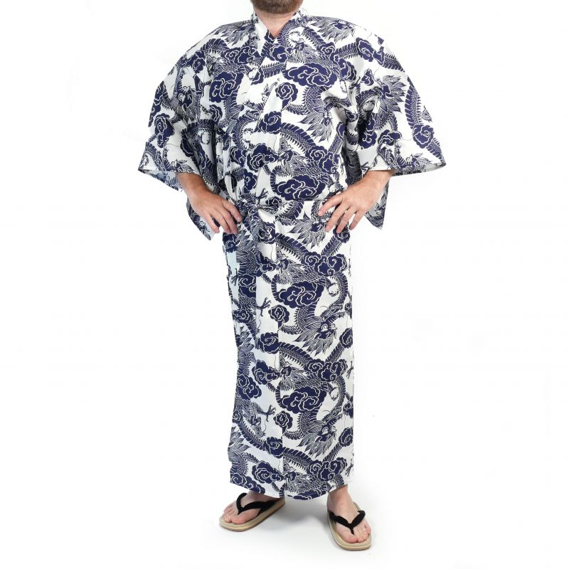 Japanischer Baumwoll-Yukata in Blau und Weiß mit Drachenmuster für Herren - RYU NO CHIKARA