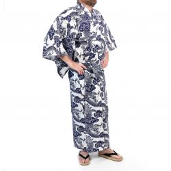 Japanischer Baumwoll-Yukata in Blau und Weiß mit Drachenmuster für Herren - RYU NO CHIKARA