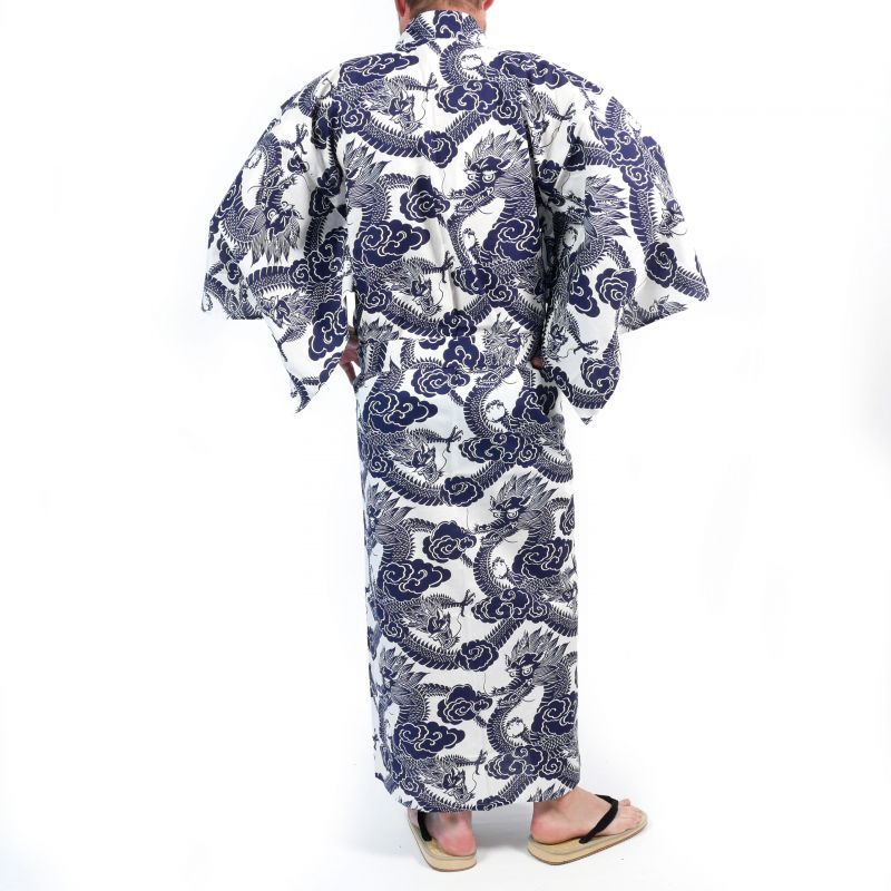Japanischer Baumwoll-Yukata in Blau und Weiß mit Drachenmuster für Herren - RYU NO CHIKARA