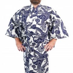 Yukata giapponese in cotone con motivo drago bianco e blu per uomo - RYU NO CHIKARA