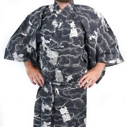 Japanischer schwarzer und weißer Baumwoll-Yukata mit Drachenmuster für Männer - RYUJIN