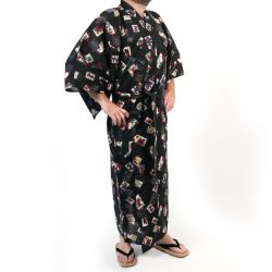 Black japanese yukata with hanafuda card patterns in cotton for men - HANAFUDA