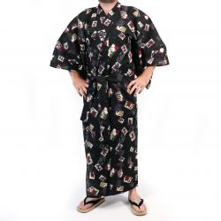 Black japanese yukata with hanafuda card patterns in cotton for men - HANAFUDA