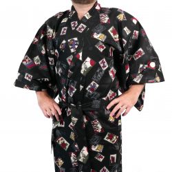 Black japanese yukata with hanafuda card patterns in cotton for men - HANAFUDA