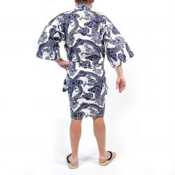 Happi kimono japonais bleu et blanc motif dragon en coton pour homme - RYU NO CHIKARA