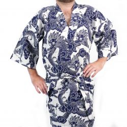 Happi kimono japonais bleu et blanc motif dragon en coton pour homme - RYU NO CHIKARA