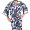 Happi Japanischer Baumwollkimono in Blau und Weiß mit Drachenmuster für Herren - RYU NO CHIKARA