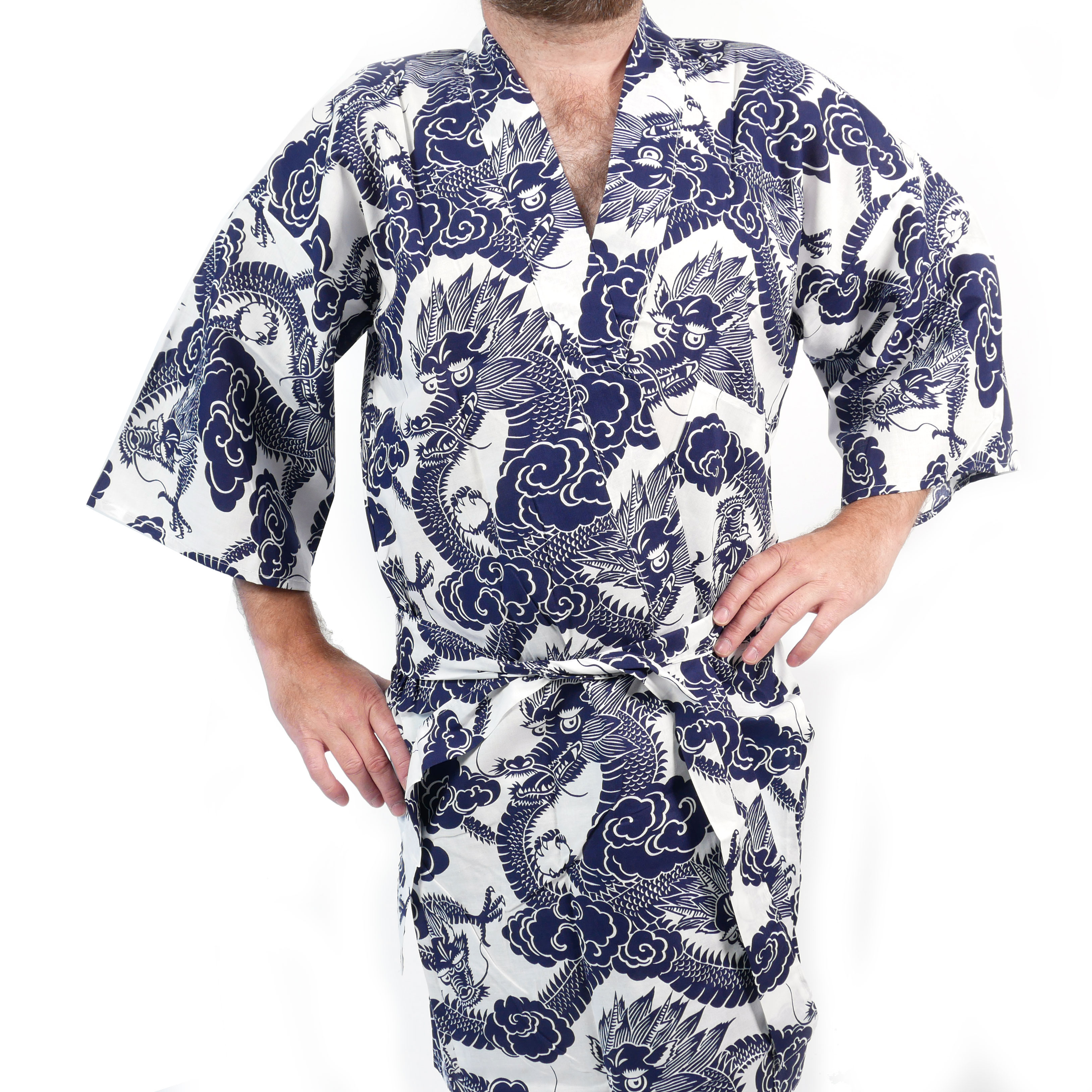 Happi kimono japonés de algodón con estampado de dragón azul y blanco para  hombre - RYU NO