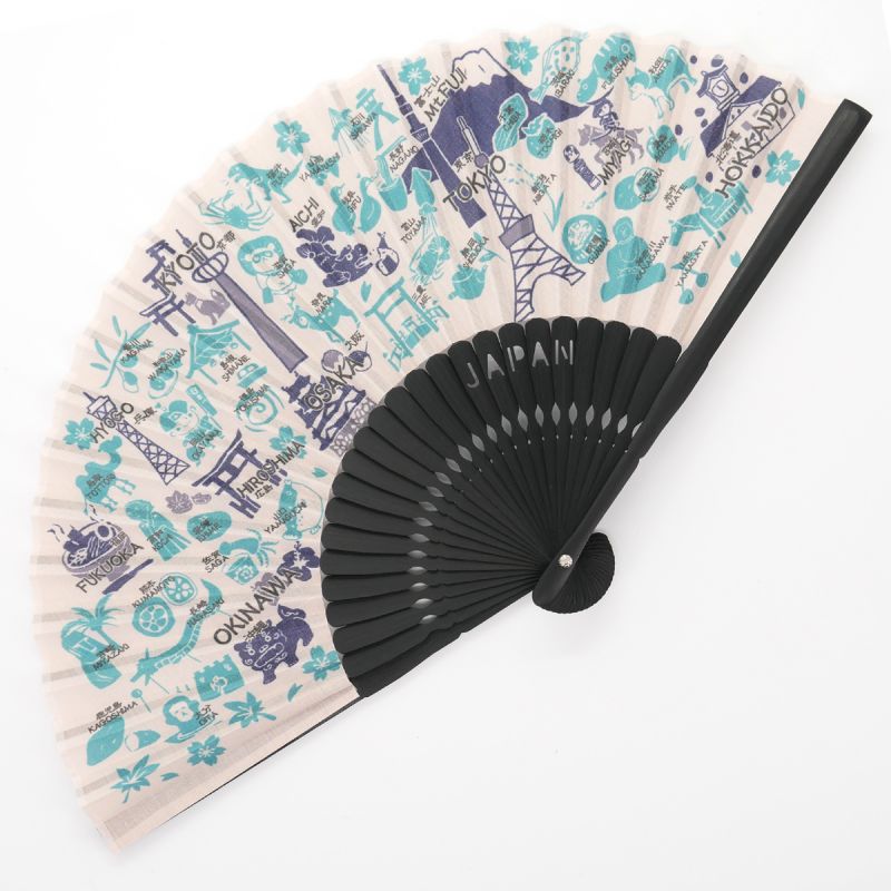 Japanese blue polyester and cotton fan, NIHONMEGURI, blue