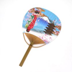 ventaglio giapponese non pieghevole, Uchiwa, GEISHA, blu