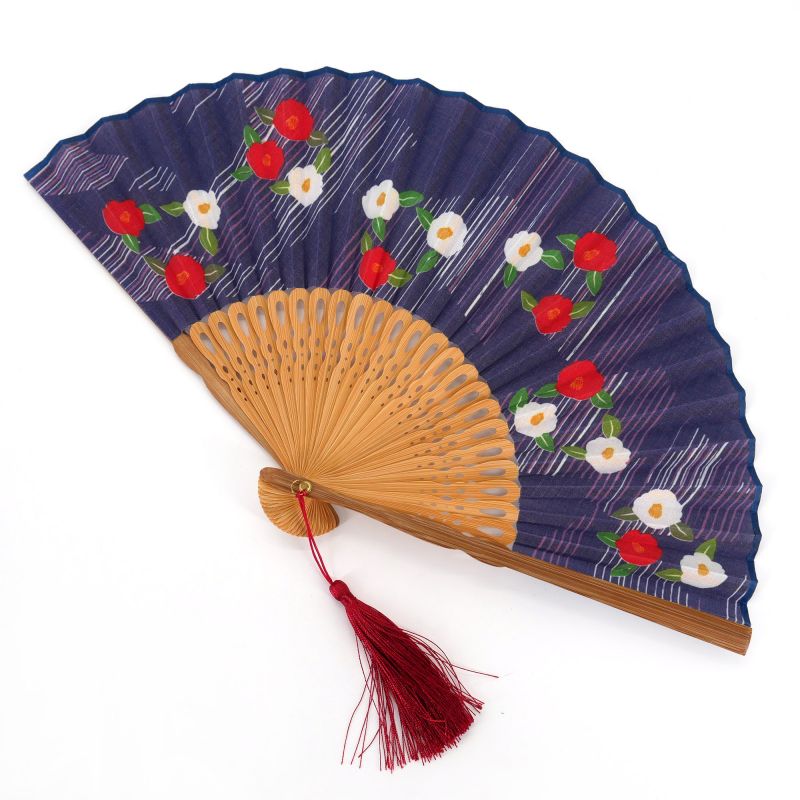 Japanese blue fan in polyester cotton and bamboo with camellia pattern - TSUBAKI - 20.5cm