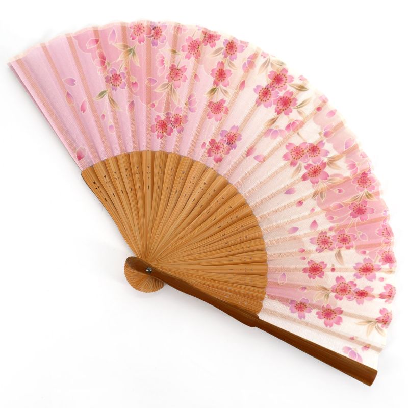 Pink Japanese cotton and bamboo fan with cherry blossom pattern - SAKURA - 20.5cm