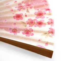 Abanico japonés rosa de algodón y bambú con dibujo de flor de cerezo - SAKURA - 20.5cm