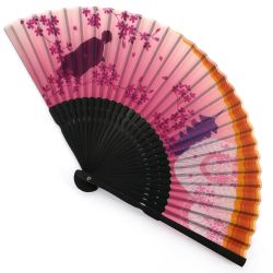 Abanico japonés rosa de poliéster y bambú con motivo de geisha y flores de cerezo - TERA MAIKO - 21cm