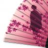 Japanese pink polyester and bamboo fan with geisha motif and cherry blossoms - TERA MAIKO - 21cm