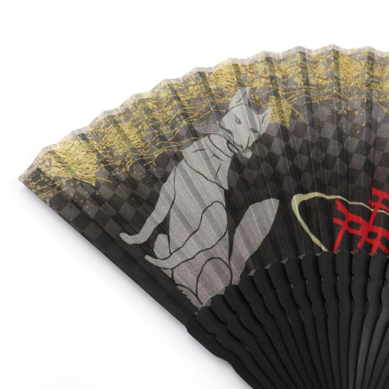 Japanese black and red fan in polyester and bamboo with kitsune messenger foxes and torii temple door - TORII KITSUNE - 21cm