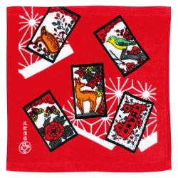 Serviette à main rouge en coton japonais - HANAFUDA - le jeu des fleurs - 30 x 30 cm