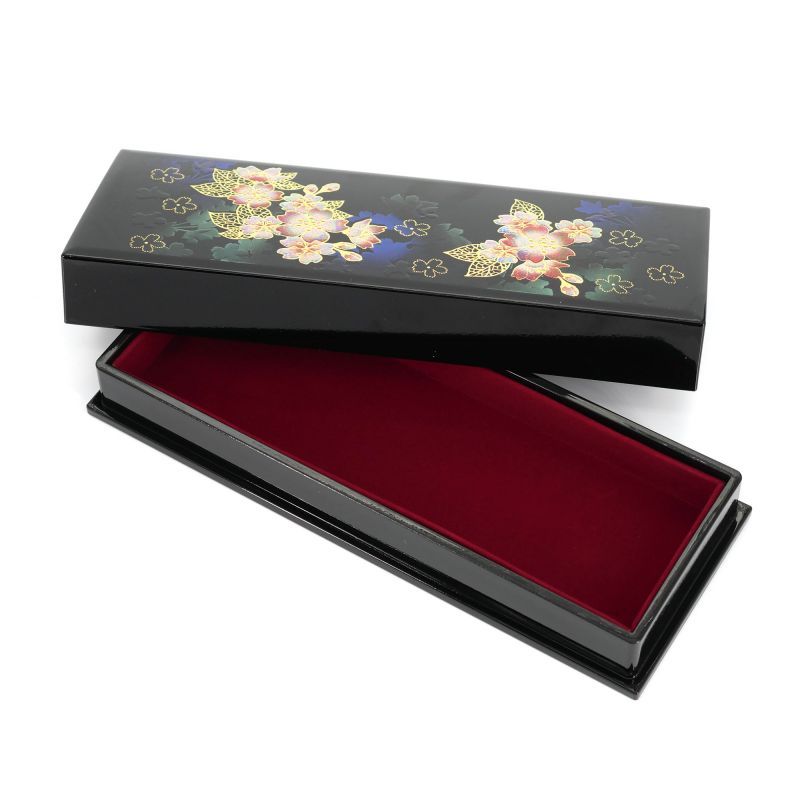 Black resin storage box with cherry blossom pattern - KIZAKURA - 21x8.5x3.3cm