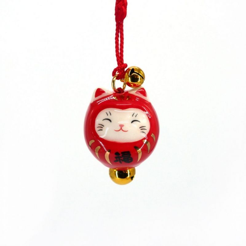 Accroche décorative japonaise chat porte bonheur manekineko déguisé en daruma, AKAFUKU, 2.5 cm