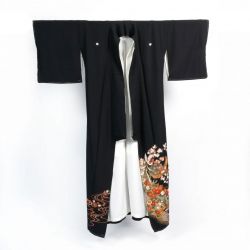 Kimono japonais vintage noir, motifs fleurs et phénix, FENIKKUSU