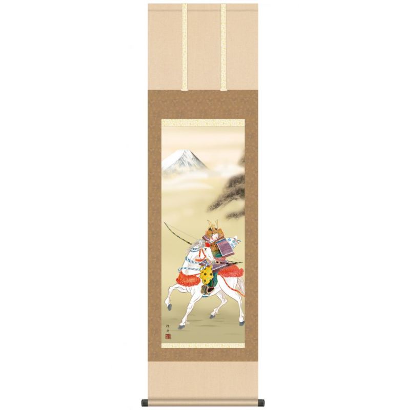 Kakemono giapponese Kakejiku, Samurai sul suo cavallo bianco - BUSHI