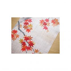 Handbemalter Hanfteppich beige und orange mit Herbstlaubmuster, MOMIJI NO UTAGE, 40x120cm