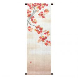 Handbemalter Hanfteppich beige und orange mit Herbstlaubmuster, MOMIJI NO UTAGE, 40x120cm