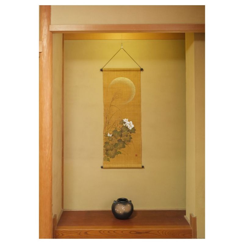 Tapisserie en chanvre jaune peinte à la main motif herbe d'automne, AKIKUSA, 45x120cm 