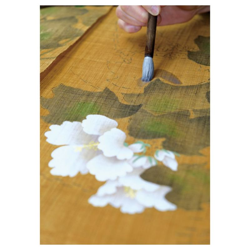 Tapisserie en chanvre jaune peinte à la main motif herbe d'automne, AKIKUSA, 45x120cm 