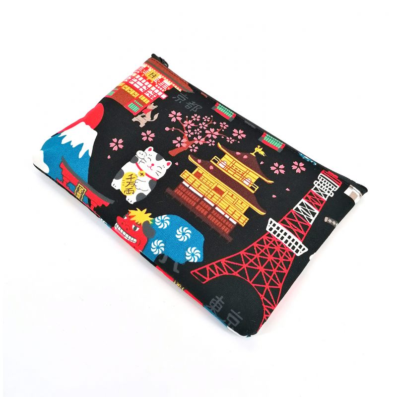 Pochette giapponese in cotone nero con motivo Japan, NIHON