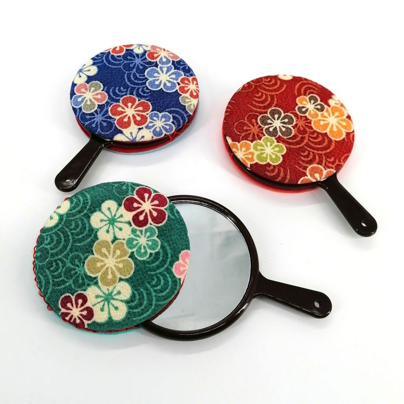 Espejo de bolsillo con flor de ciruelo japonés en chirimen - KOKORO KAGAMI - color a elegir