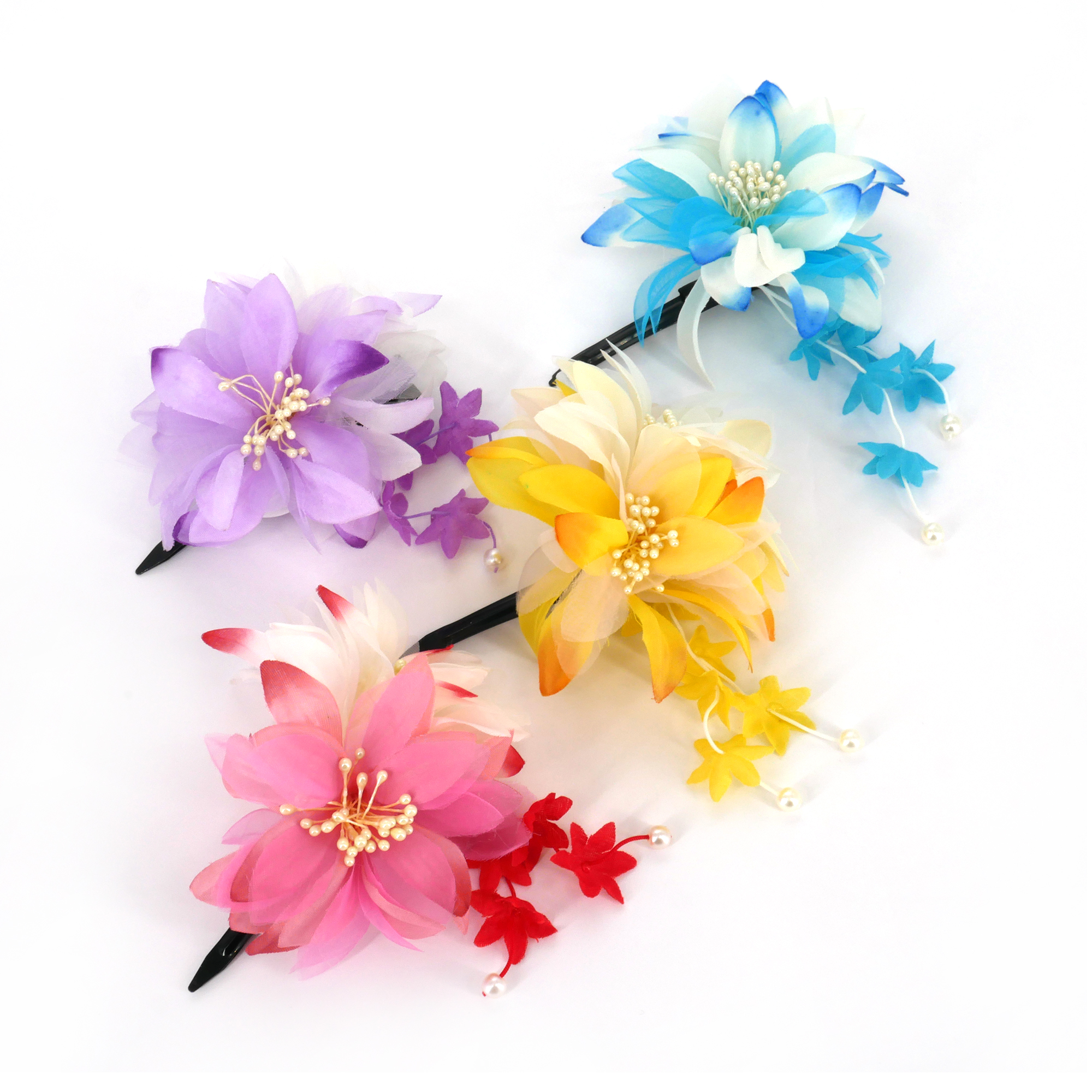 Élastique cheveux fleur kanzashi jaune et rose, queue de cheval, natte –  HappyWeddingDreams