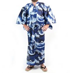 Yukata giapponese in cotone blu e bianco con motivo a onde per uomo - NAMIFUJI
