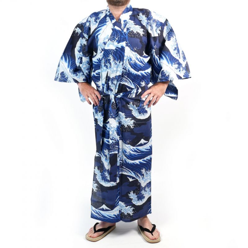 Yukata japonais bleu et blanc motifs vague en coton pour homme - NAMIFUJI