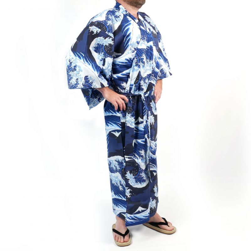 Yukata giapponese in cotone blu e bianco con motivo a onde per uomo - NAMIFUJI