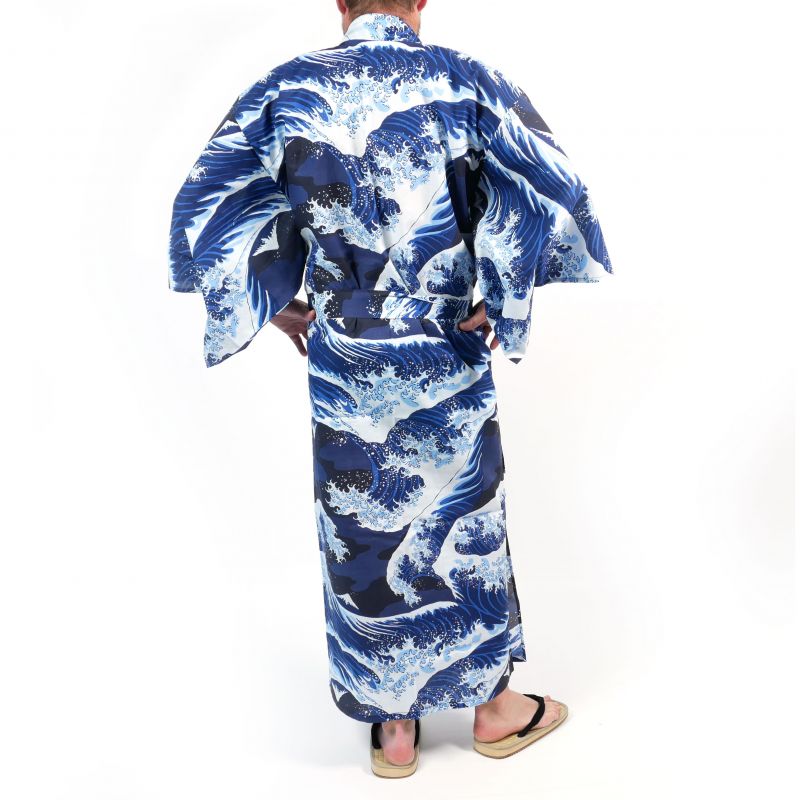 Japanischer blau-weißer Baumwoll-Yukata mit Wellenmuster für Männer - NAMIFUJI