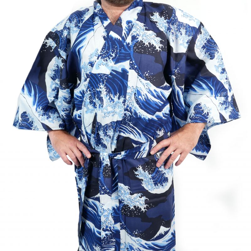 Yukata japonais bleu et blanc motifs vague en coton pour homme - NAMIFUJI