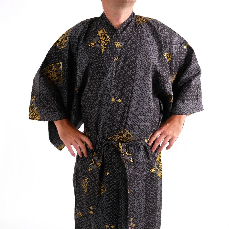 Schwarzer japanischer Yukata aus Baumwolle für Männer -HANABISHI