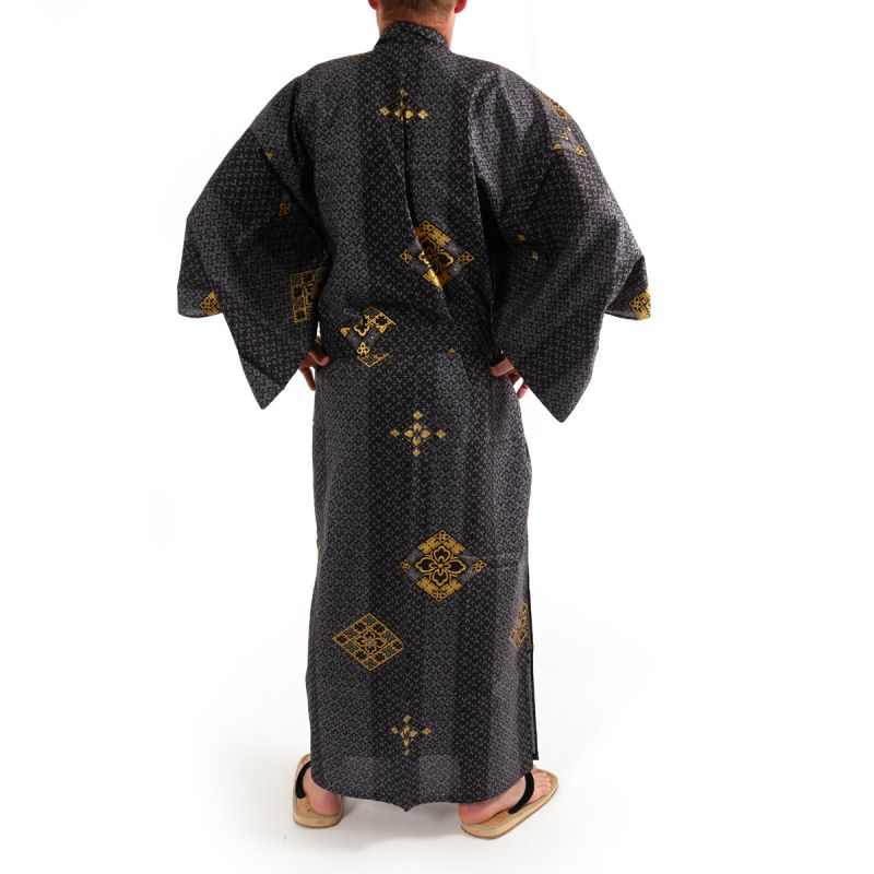 Men's black cotton Yukata -HANABISHI
