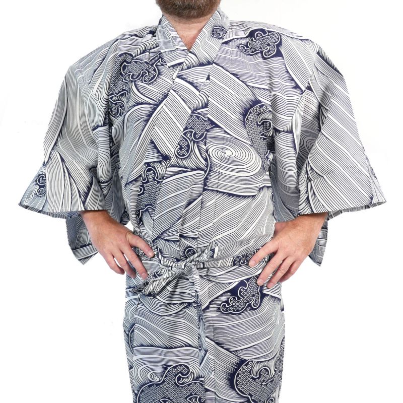 Yukata japonais bleu et blanc en coton pour homme - NAMI