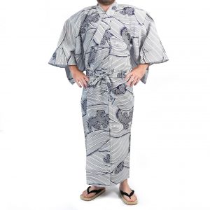 Japanese blue and white cotton yukata for men - NAMI