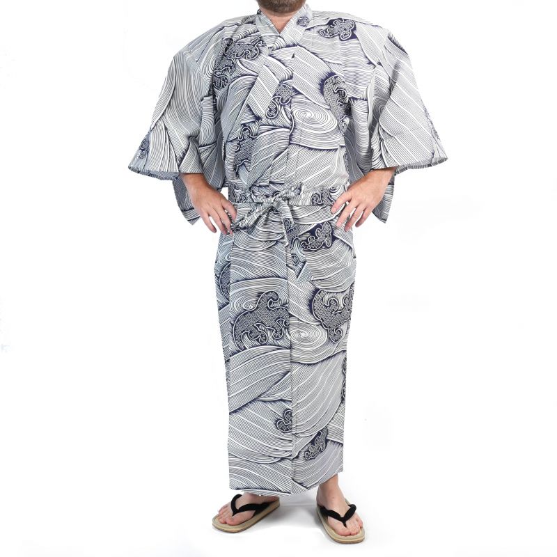 Yukata giapponese in cotone blu e bianco per uomo - NAMI